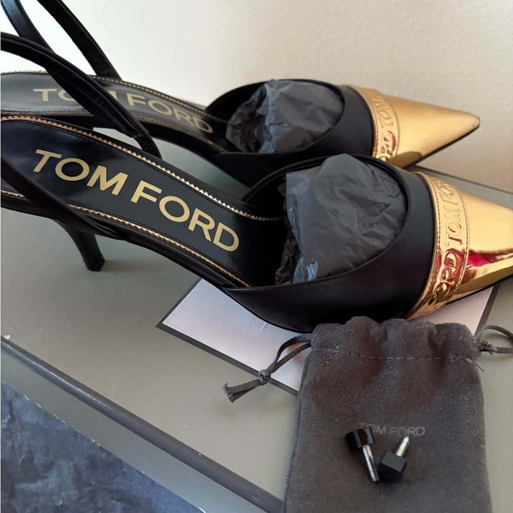 Tom Ford Black and Gold Pointed Heels